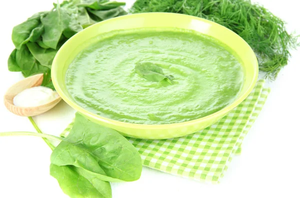 Tasty spinach soup, on white table — Stock Photo, Image