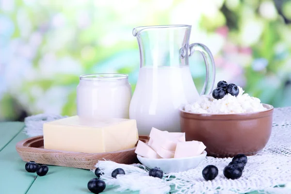 Fresh dairy products with blueberry on wooden table on natural background — Stock Photo, Image