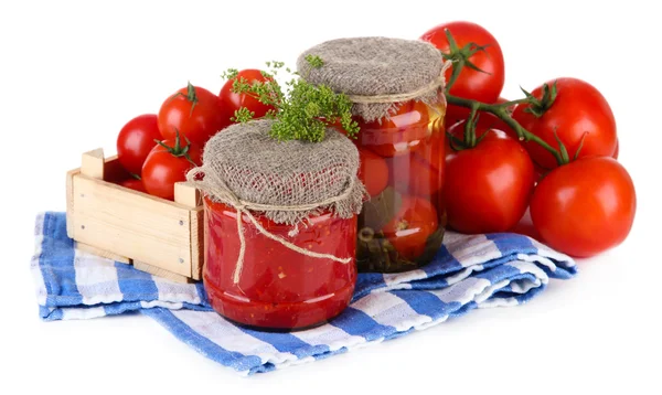 Tasty canned and fresh tomatoes, isolated on white — Stock Photo, Image