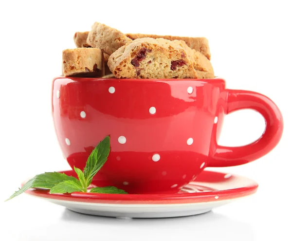 Smakelijke cookies in cup geïsoleerd op wit — Stockfoto