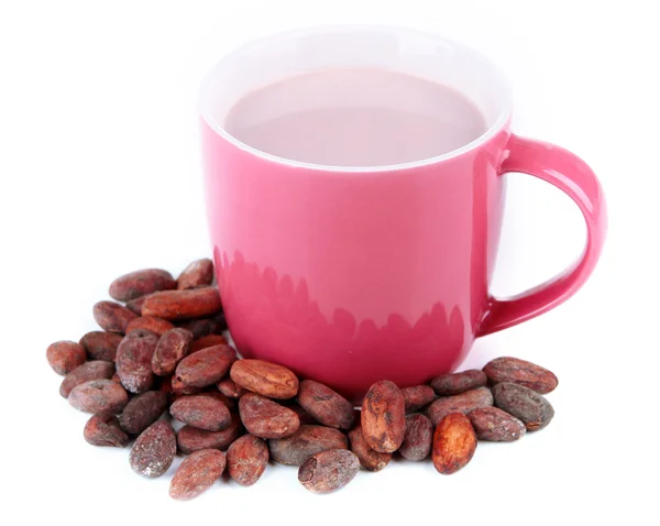 Cocoa drink and cocoa beans isolated on white — Stock Photo, Image