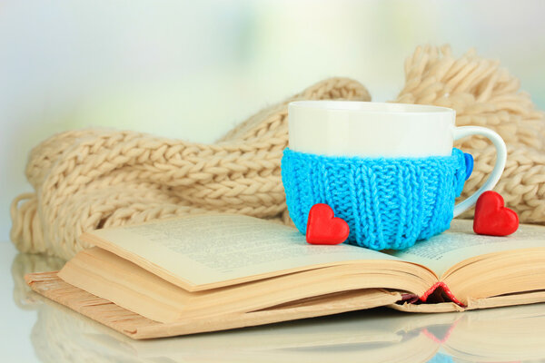Чашка с вязаной штукой на ней и открытая книга крупным планом
