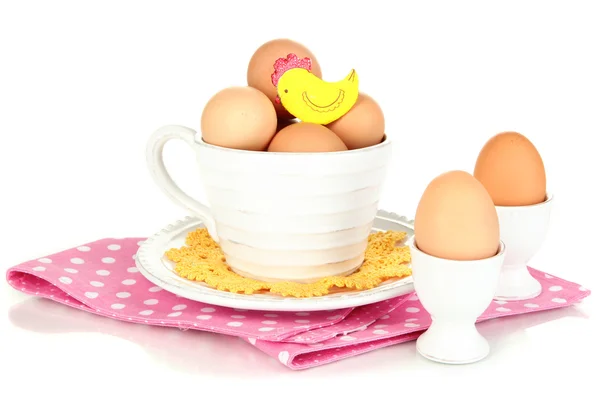 Eieren in verschillende borden geïsoleerd op wit — Stockfoto
