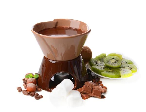Čokoládové fondue s ovocem, izolované na bílém — Stock fotografie