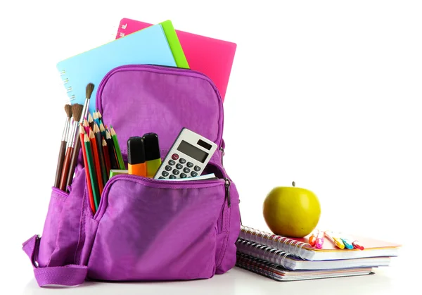 Purple backpack with school supplies isolated on white — Stock Photo, Image