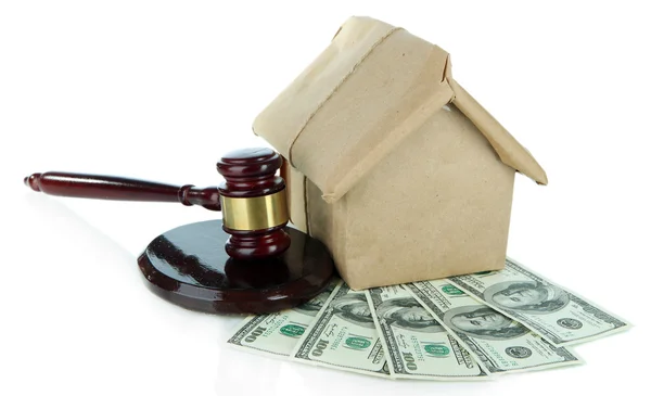 Gavel,model of house and money isolated on white — Stock Photo, Image