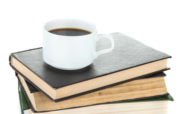 Cup of coffee and books isolated on white — Stock Photo, Image