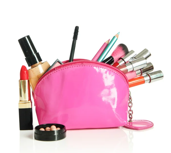 Mooie make-up tas met cosmetica, geïsoleerd op wit — Stockfoto