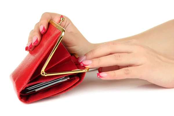 Female hand holding red purse, isolated on white — Stock Photo, Image