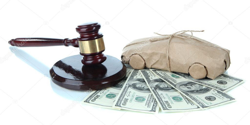 Gavel,model of car and money isolated on white