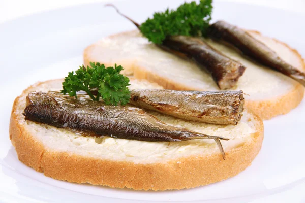 Sabrosos sándwiches con sardinas, primer plano —  Fotos de Stock