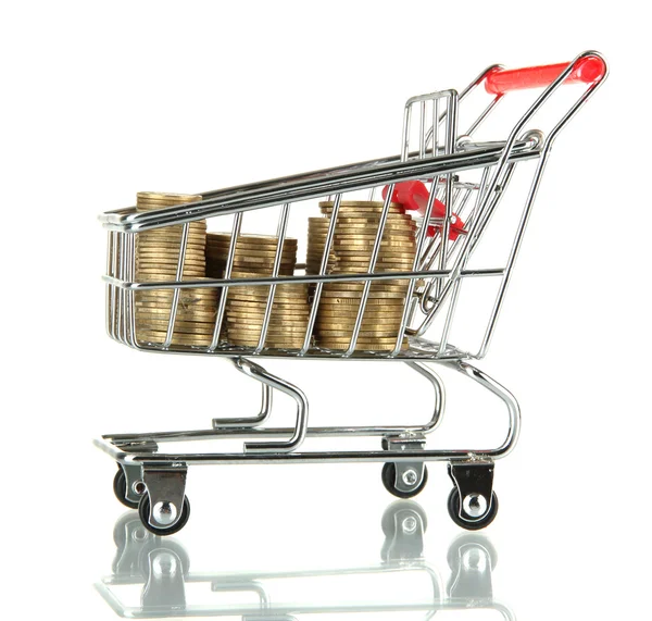 Shopping trolley with Ukrainian coins, isolated on white — Stock Photo, Image