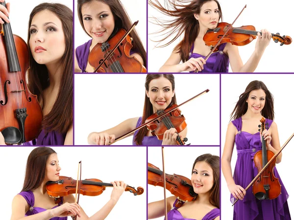 年轻漂亮的女孩，用小提琴的拼贴画 — 图库照片