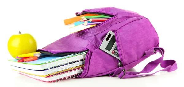 Purple backpack with school supplies isolated on white — Stock Photo, Image