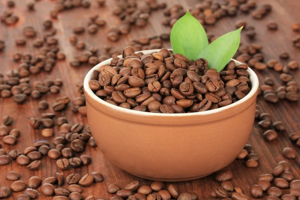 Coffee beans in bowl on wooden background — Stock Photo, Image