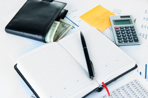 Office supplies with wallet and documents close up — Stock Photo, Image