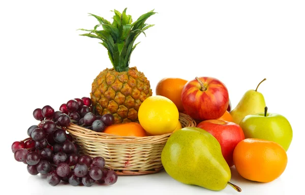 Ripe fruits in basket isolated on white — Stock Photo, Image