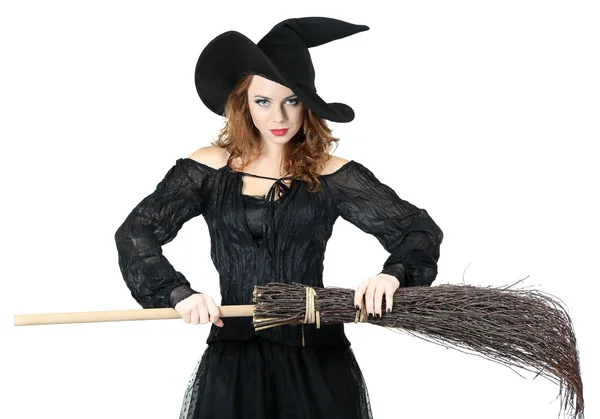 Halloween witch with broom isolated on white — Stock Photo, Image