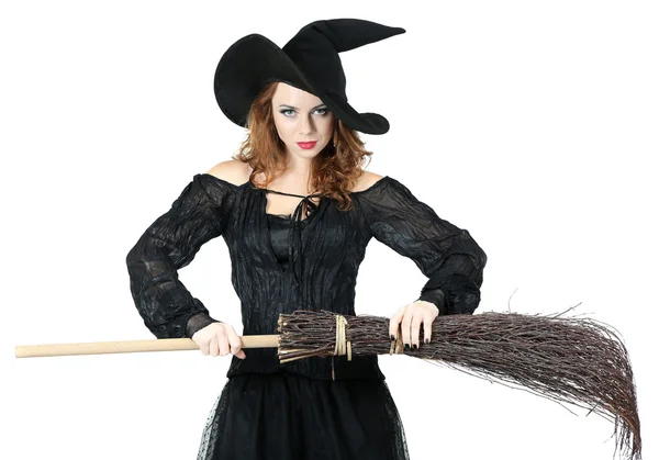 Halloween heks met bezem geïsoleerd op wit — Stockfoto