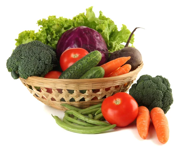 Different vegetables in basket isolated on white — Stock Photo, Image