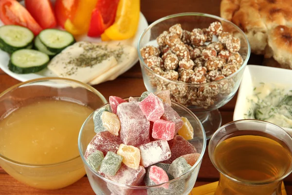 Traditional Turkish breakfast on table close up — Stock Photo, Image