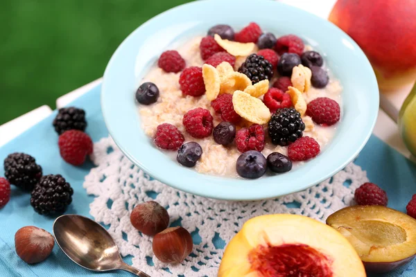 Oatmeal in plate with berries on napkin on table on grass background