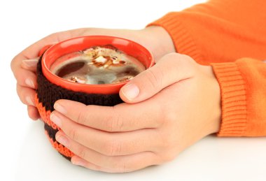 eller üzerinde beyaz izole örme şey üstünde o ile Kupası