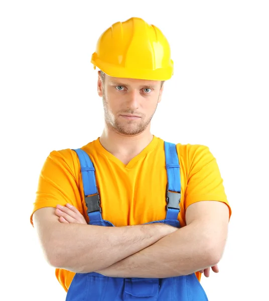 Retrato de jovem construtor isolado em branco — Fotografia de Stock