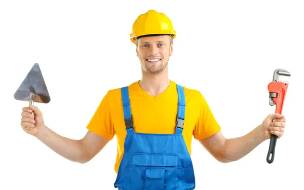 Retrato de jovem construtor isolado em branco — Fotografia de Stock