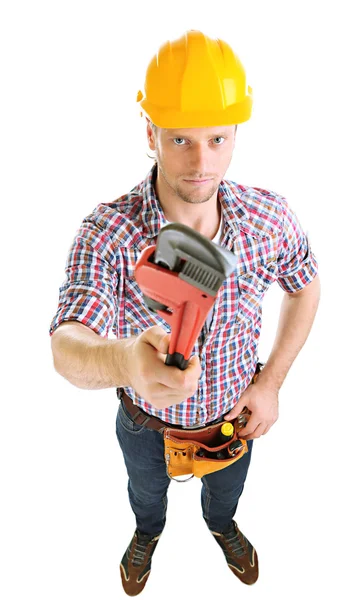 Retrato de joven constructor aislado en blanco — Foto de Stock