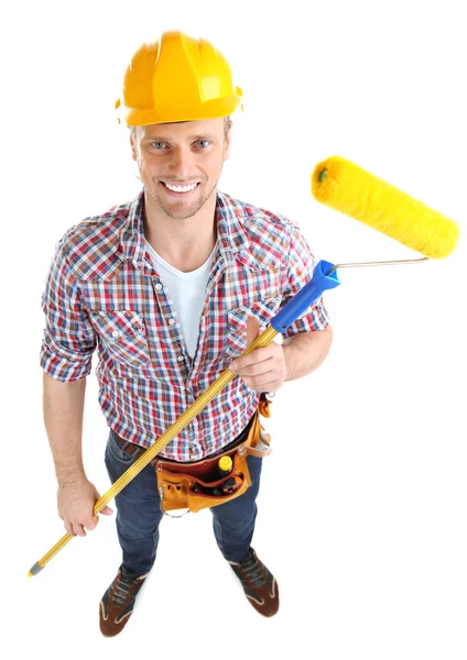 Retrato de joven constructor aislado en blanco — Foto de Stock