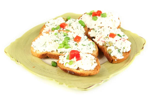 Sandwiches with cottage cheese and greens on plate isolated on white — Stock Photo, Image