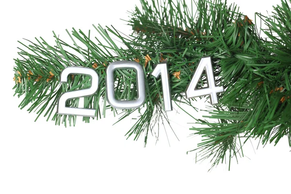 2014 "κολλάει" σε κοντινό πλάνο χριστουγεννιάτικο δέντρο που απομονώνονται σε λευκό — Φωτογραφία Αρχείου