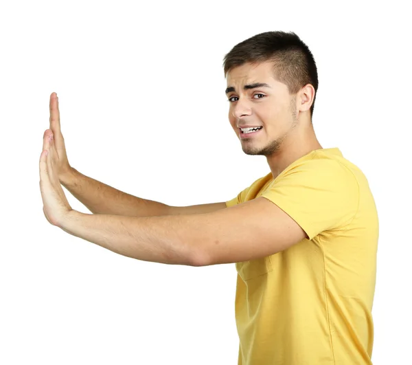 Retrato de jovem no fundo cinza — Fotografia de Stock