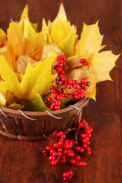 Beautiful autumn leaves and red berries in basket on wooden background — Stock Photo, Image