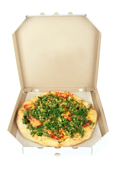 Tasty vegetarian pizza in box, isolated on white — Stock Photo, Image