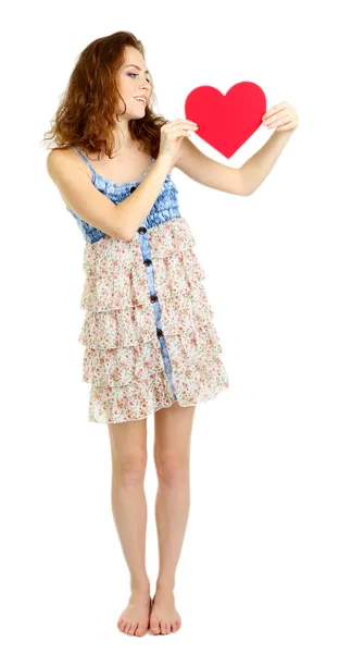 Vacker ung flicka i klänning isolerad på vit — Stockfoto