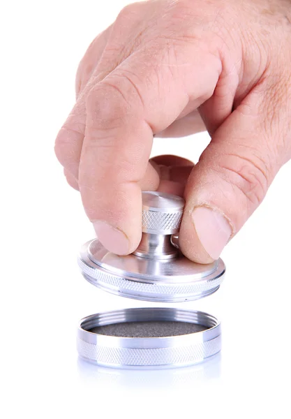 Hand met metalen stempel, geïsoleerd op wit — Stockfoto