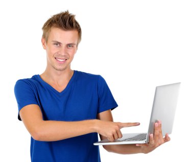 yakışıklı bir delikanlı ile üzerine beyaz izole laptop