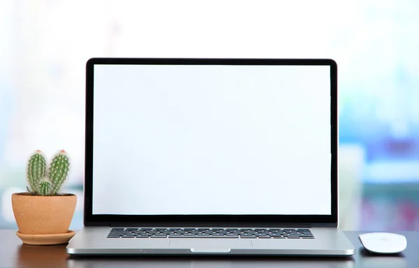 Laptop and cactus in flowerpot on wooden table — Stock Photo, Image