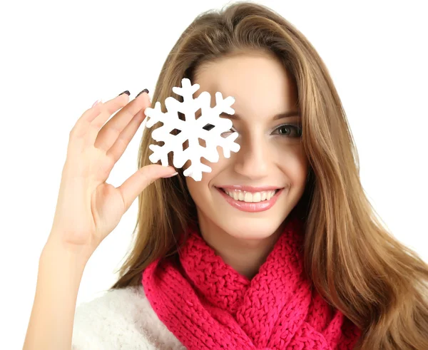 Beautiful smiling girl with Christmas snowflake isolated on white — Stock Photo, Image