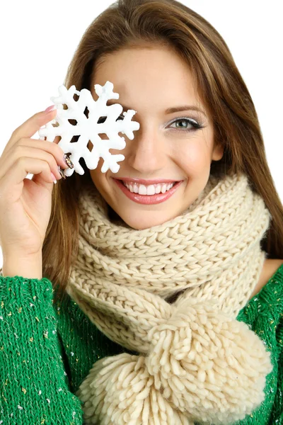 Beautiful smiling girl with Christmas snowflake isolated on white — Stock Photo, Image