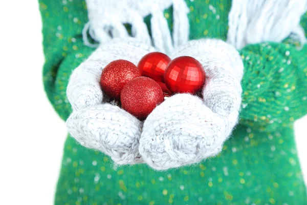 Womens hands with New Years toys isolated on white — Stock Photo, Image