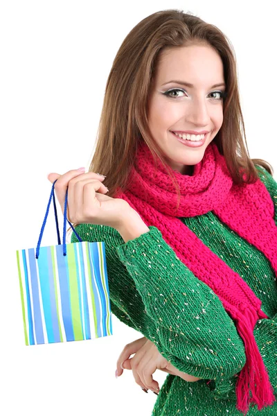 Beautiful smiling girl with gift bag isolated on white — Stock Photo, Image