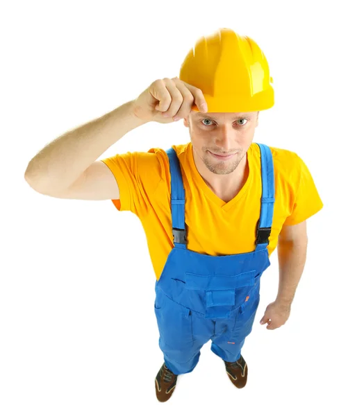 Retrato de jovem construtor isolado em branco — Fotografia de Stock