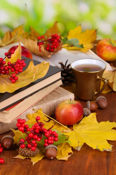 Books and autumn leaves on wooden table on natural background — Stock Photo, Image