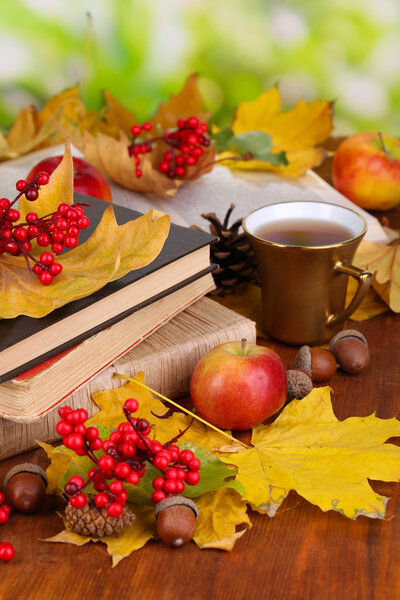 Books and autumn leaves on wooden table on natural background
