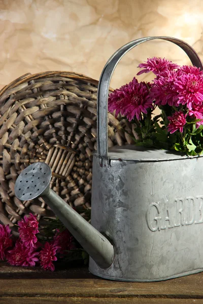 Bouquet of pink chrysanthemum in watering can on wooden table — Stock Photo, Image