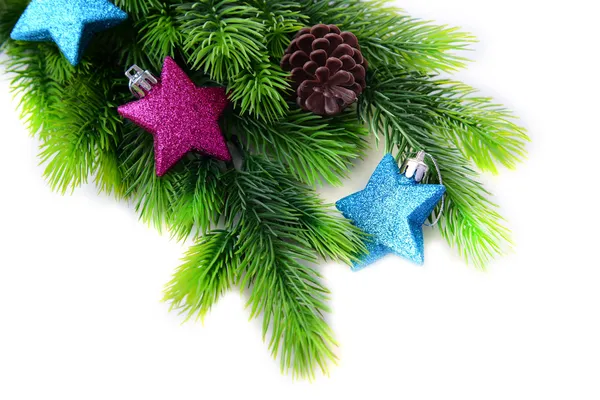 Christmas decorative stars on fir tree, isolated on white — Stock Photo, Image