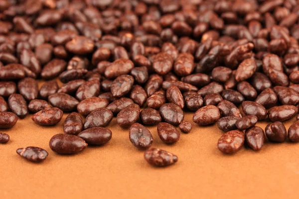 チョコレート茶色の背景上にヒマワリの穀物 — ストック写真